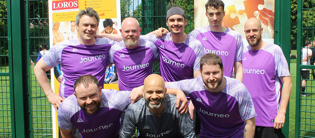 The image shows several Journeo colleagues posing for photos as part of a charity football tournament in 2025.